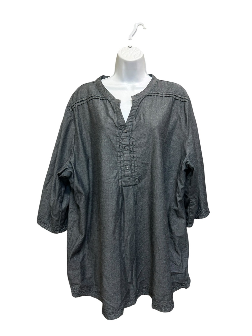Mustard Chambray Cotton Tunic Top Shirt Size 24 Blue 1/2 Button Embroidered Cuff